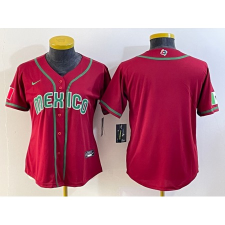 Women's Mexico Baseball Blank 2023 Red World Baseball Classic Stitched Jersey(Run Small)