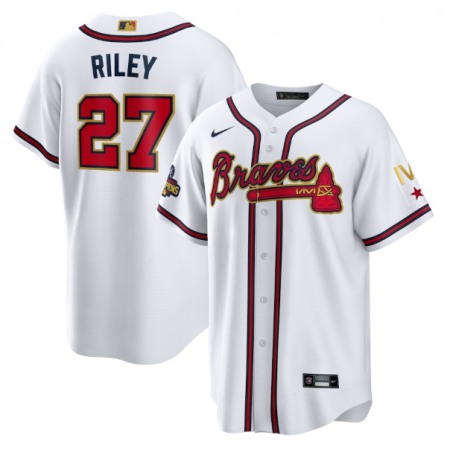 Youth Atlanta Braves #27 Austin Riley 2022 White/Gold World Series Champions Program Cool Base Stitched Jersey