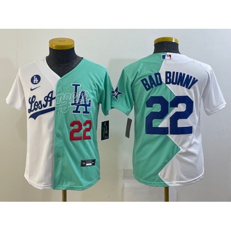 Youth Los Angeles Dodgers #22 Bad Bunny 2022 All-Star White/Green Split Stitched Jersey