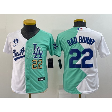 Youth Los Angeles Dodgers #22 Bad Bunny 2022 All-Star White/Green Split Stitched Jersey