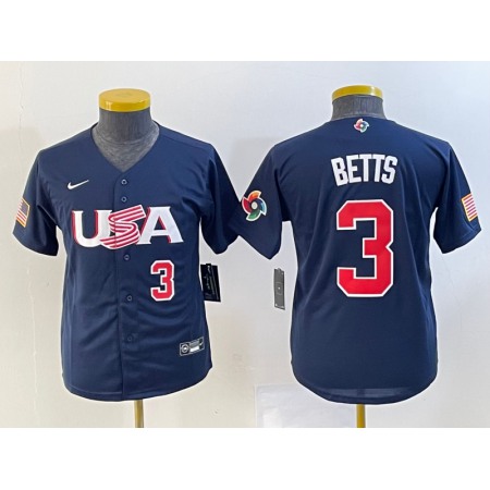 Youth USA Baseball #3 Mookie Betts 2023 Navy World Baseball Classic With Patch Stitched Jersey