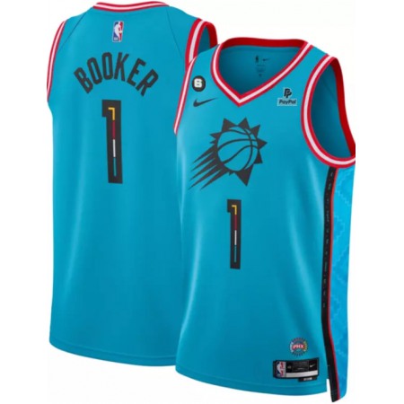 Men's Phoenix Suns #1 Devin Booker Blue 2022/23 City Edition With NO.6 And Payple Patch Stitched Basketball Jersey