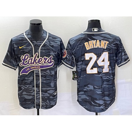 Men's Los Angeles Lakers #24 Kobe Bryant Gray Camo Cool Base With Patch Stitched Baseball Jersey