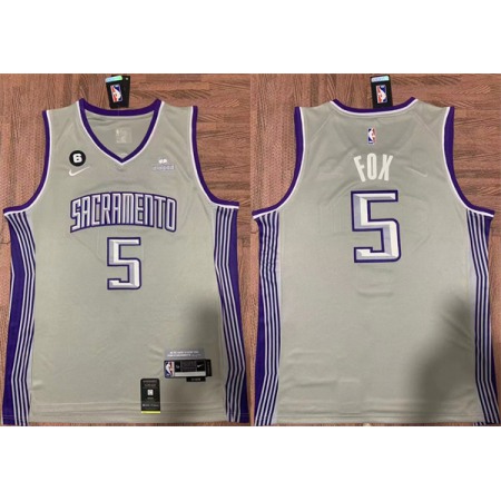 Men's Sacramento Kings #5 De'Aaron Fox Gray No.6 Patch Stitched Jersey