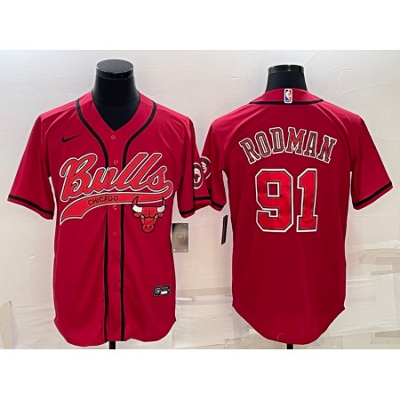 Men's Chicago Bulls #91 Dennis Rodman Red With Patch Cool Base Stitched Baseball Jersey