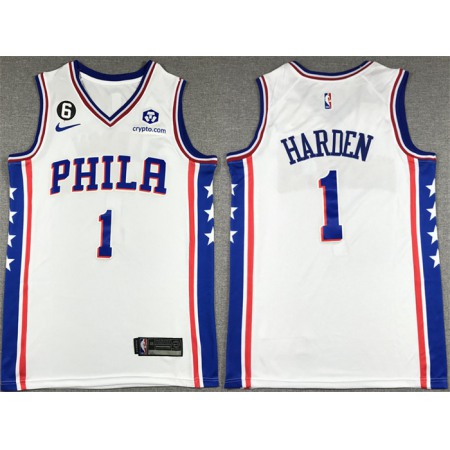 Men's Philadelphia 76ers #1 James Harden White With NO.6 Patch Stitched Jersey