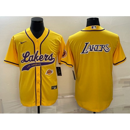 Men's Los Angeles Lakers Yellow Big Logo With Patch Cool Base Stitched Baseball Jersey