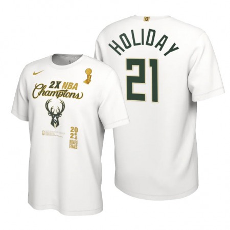 Men's Milwaukee Bucks #21 Jrue Holiday 2021 White Finals Champions Locker Room T-Shirt