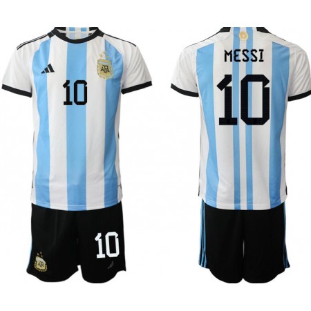 Youth Argentina #10 Messi White/Blue 3 Stars Home Soccer Jersey Suit