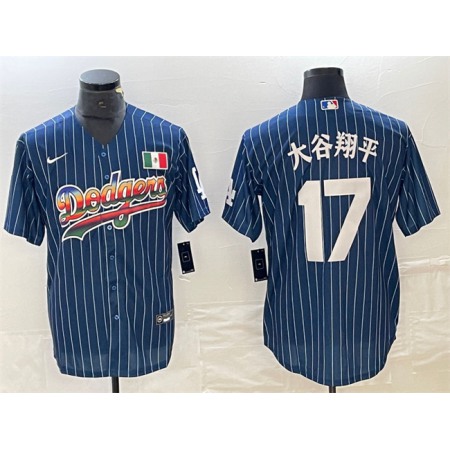 Men's Los Angeles Dodgers #17 Shohei Ohtani Navy Cool Base With Patch Stitched Baseball Jersey