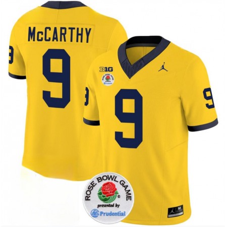 Men's Michigan Wolverines #9 J.J. McCarthy 2023 F.U.S.E. Yellow Rose Bowl Patch Stitched Jersey