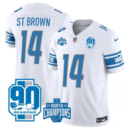 Men's Detroit Lions #14 Amon-Ra St. Brown White 2023 F.U.S.E. 90th Anniversary NFC North Division Champions Vapor Untouchable Limited Stitched Jersey