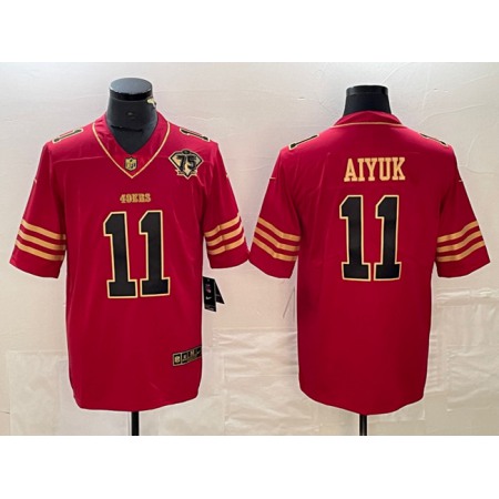 Men's San Francisco 49ers #11 Brandon Aiyuk Red Gold With 75th Anniversary Patch Stitched Jersey