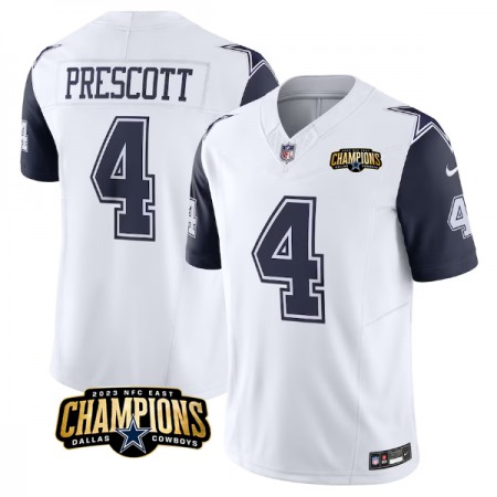 Men's Dallas Cowboys #4 Dak Prescott White/Navy 2023 F.U.S.E. NFC East Champions Patch Stitched Football Jersey