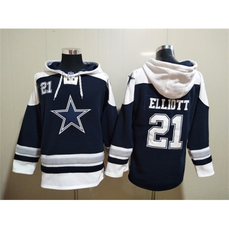 Men's Dallas Cowboys #21 Ezekiel Elliott Navy Ageless Must-Have Lace-Up Pullover Hoodie