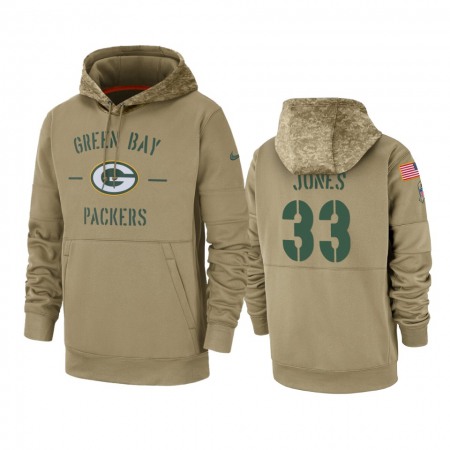 Men's Green Bay Packers #33 Aaron Jones Tan 2019 Salute to Service Sideline Therma Pullover Hoodie