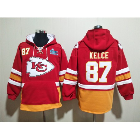 Men's Kansas City Chiefs #87 Travis Kelce Red Super Bowl Lace-Up Pullover Hoodie