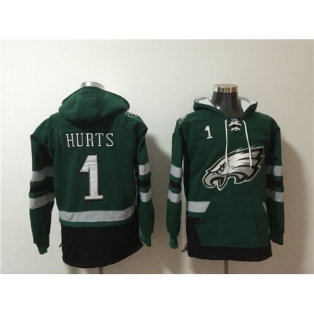 Men's Philadelphia Eagles #1 Jalen Hurts Green Ageless Must-Have Lace-Up Pullover Hoodie