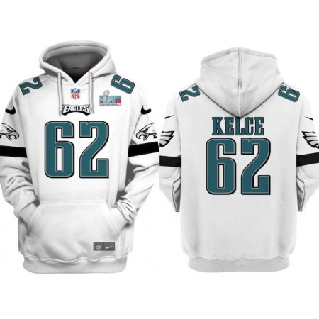 Men's Philadelphia Eagles #62 Jason Kelce White Super Bowl LVII Patch Pullover Hoodie