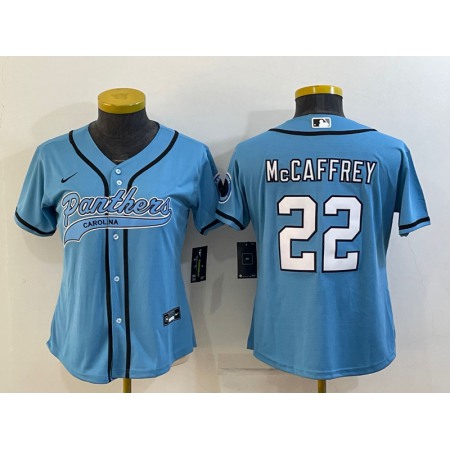 Women's Carolina Panthers #22 Christian McCaffrey Blue With Patch Cool Base Stitched Baseball Jersey(Run Small)