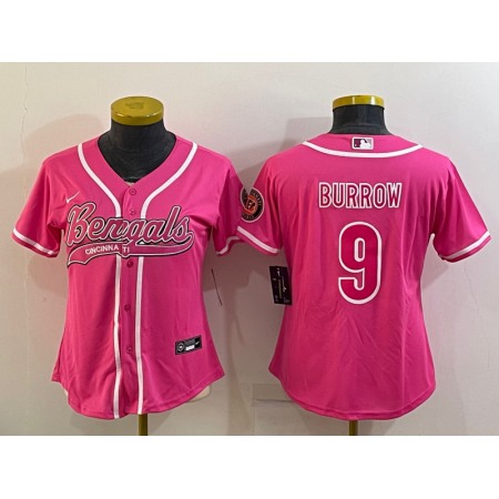 Women's Cincinnati Bengals #9 Joe Burrow Pink With Patch Cool Base Stitched Baseball Jersey(Run Small)