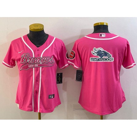 Women's Denver Broncos Pink Team Big Logo With Patch Cool Base Stitched Baseball Jersey(Run Small)