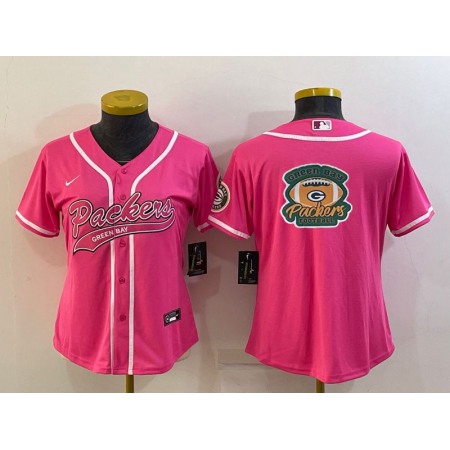 Women's Green Bay Packers Pink Team Big Logo With Patch Cool Base Stitched Baseball Jersey(Run Small)