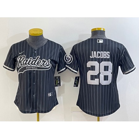 Women's Las Vegas Raiders #28 Josh Jacobs Black With Patch Cool Base Stitched Baseball Jersey(Run Small)