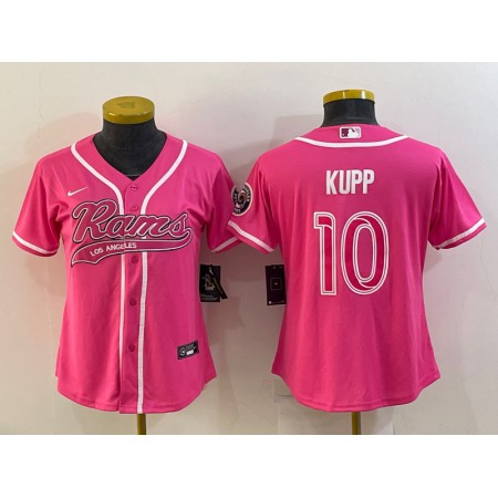 Women's Los Angeles Rams #10 Cooper Kupp Pink With Patch Cool Base Stitched Baseball Jersey(Run Small)