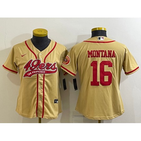 Women's San Francisco 49ers #16 Joe Montana Gold With Patch Cool Base Stitched Baseball Jersey(Run Small)