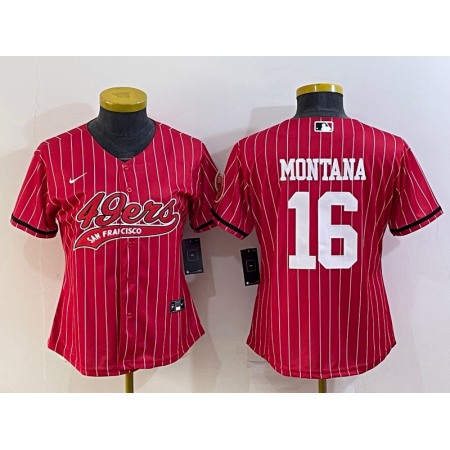 Women's San Francisco 49ers #16 Joe Montana Red With Patch Cool Base Stitched Baseball Jersey(Run Small)