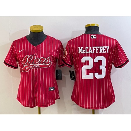 Women's San Francisco 49ers #23 Christian McCaffrey Red With Patch Cool Base Stitched Baseball Jersey(Run Small)