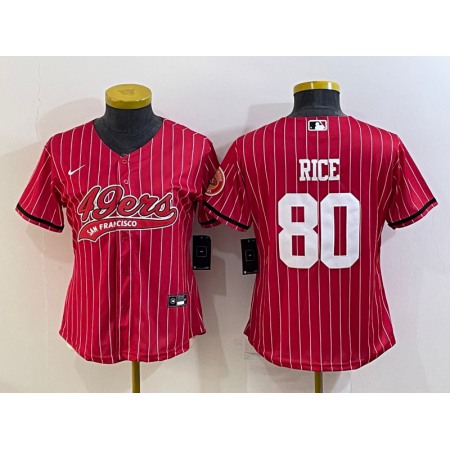 Women's San Francisco 49ers #80 Jerry Rice Red With Patch Cool Base Stitched Baseball Jersey(Run Small)