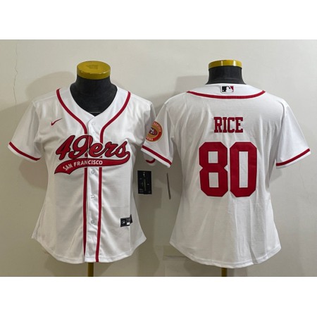 Women's San Francisco 49ers #80 Jerry Rice White With Patch Cool Base Stitched Baseball Jersey(Run Small)