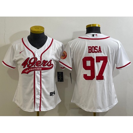 Women's San Francisco 49ers #97 Nick Bosa White With Patch Cool Base Stitched Baseball Jersey(Run Small)