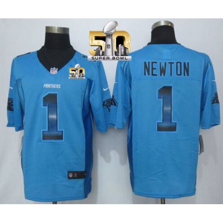 Nike Panthers #1 Cam Newton Blue Alternate Super Bowl 50 Men's Stitched NFL Limited Strobe Jersey