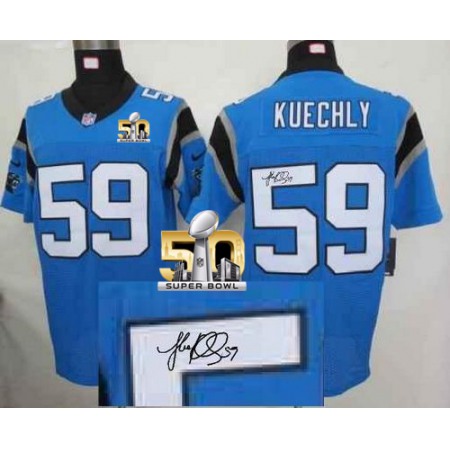 Nike Panthers #59 Luke Kuechly Blue Alternate Super Bowl 50 Men's Stitched NFL Elite Autographed Jersey