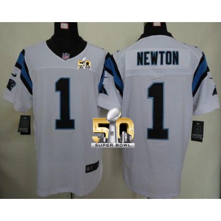 Nike Panthers #1 Cam Newton White Super Bowl 50 Men's Stitched NFL Elite Jersey