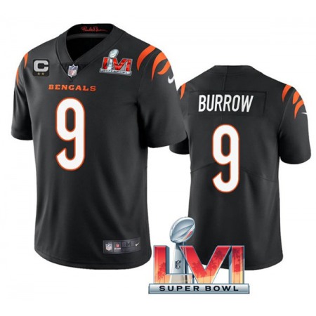 Men's Cincinnati Bengals #9 Joe Burrow 2022 Black With C Patch Super Bowl LVI Vapor Limited Stitched Jersey