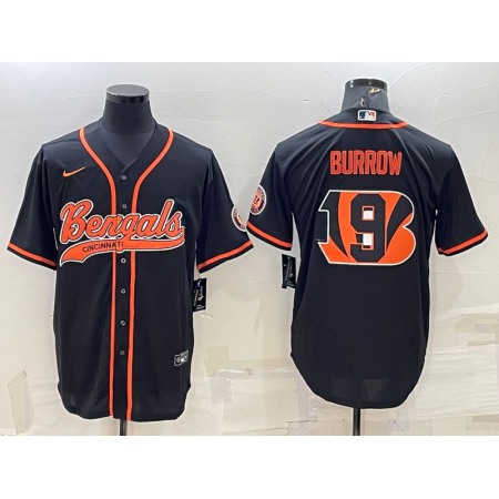 Men's Cincinnati Bengals #9 Joe Burrow Black Team Big Logo With Patch Cool Base Stitched Baseball Jersey