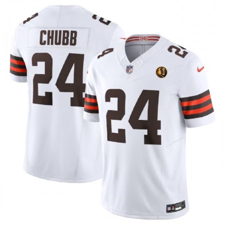 Men's Cleveland Browns #24 Nick Chubb White 2023 F.U.S.E. With John Madden Patch Vapor Limited Stitched Football Jersey