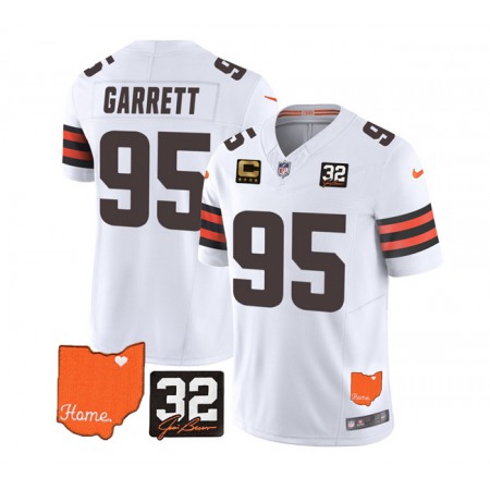 Men's Cleveland Browns #95 Myles Garrett White 2023 F.U.S.E. With Jim Brown Memorial Patch And 4-Star C Patch Vapor Untouchable Limited Stitched Jersey