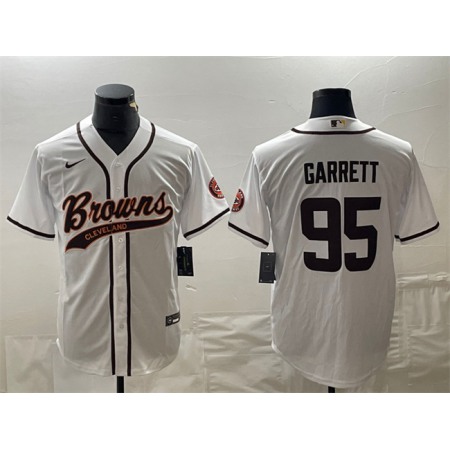 Men's Cleveland Browns #95 Myles Garrett White With Patch Cool Base Stitched Baseball Jersey