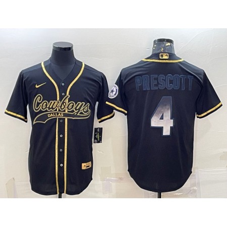 Men's Dallas Cowboys #4 Dak Prescott Black Gold With Patch Cool Base Stitched Baseball Jersey