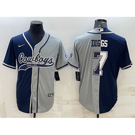 Men's Dallas Cowboys #7 Trevon Diggs Navy/Grey Split With Patch Cool Base Stitched Baseball Jersey