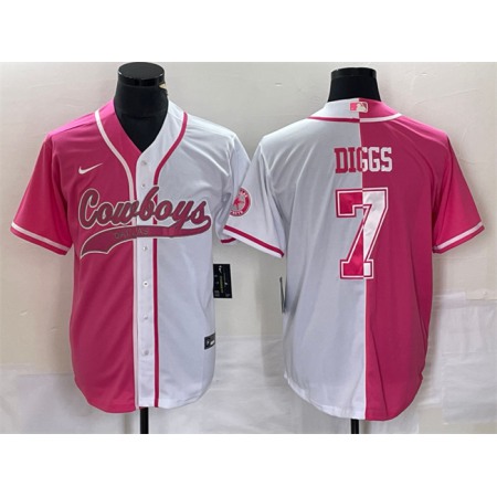 Men's Dallas Cowboys #7 Trevon Diggs Pink/White Split Cool Base Stitched Baseball Jersey