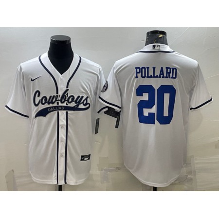 Men's Dallas Cowboys #20 Tony Pollard White With Patch Cool Base Stitched Baseball Jersey