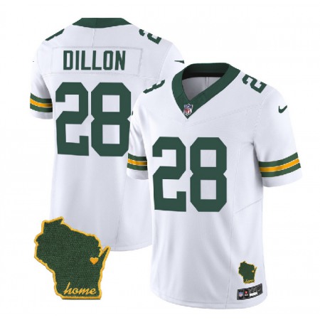 Men's Green Bay Packers #28 A.J. Dillon White 2023 F.U.S.E. Home Patch Vapor Untouchable Limited Stitched Jersey