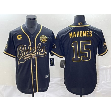 Men's Kansas City Chiefs #15 Patrick Mahomes Black Gold With 4-star C Patch Cool Bae Stitched Baseball Jersey