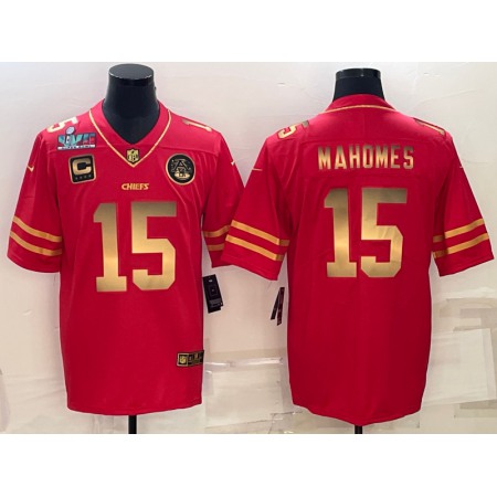 Men's Kansas City Chiefs #15 Patrick Mahomes Red Gold Super Bowl LVII Patch And 4-star C Patch Vapor Untouchable Limited Stitched Jersey